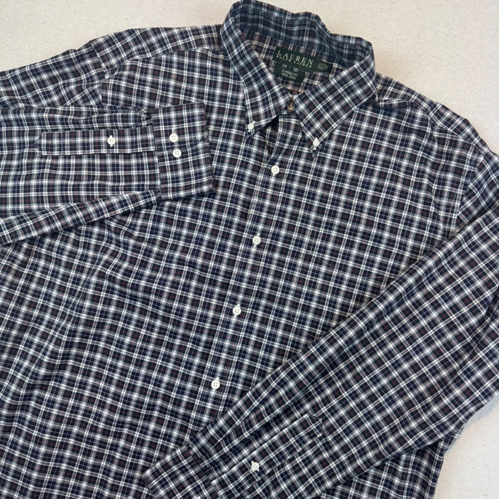 Lauren Ralph Lauren 17.5 36/37 Button Down Shirt Mens Navy Plaid Classic Fit